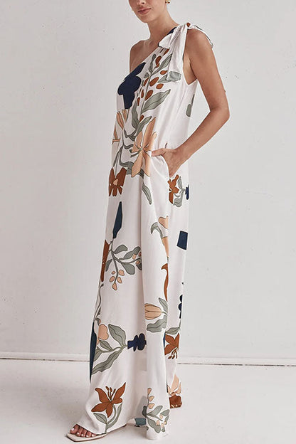 Moxidress Tie Knot One Shoulder Print Maxi Dress