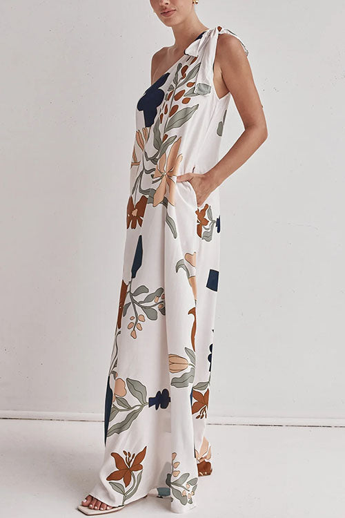 Moxidress Tie Knot One Shoulder Print Maxi Dress