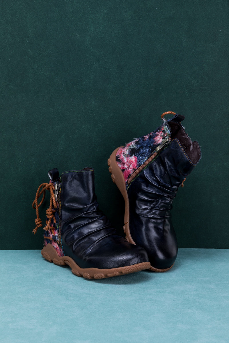 Soffia | Ruched Black Leather Combat Boot