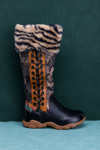Soffia | Tiger Pattern Fur Circum Leather Tie-accent Boot