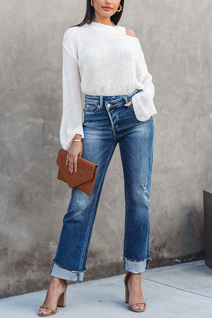 Moxidress High Waist Straight Leg Ripped Denim Pants