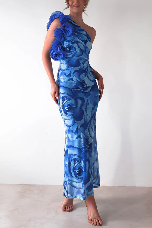 Moxidress Ruffle One Shoulder Print Bodycon Maxi Dress
