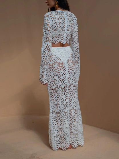 Slim Cutout Lace Top + Half-body Skirt Two Piece Set