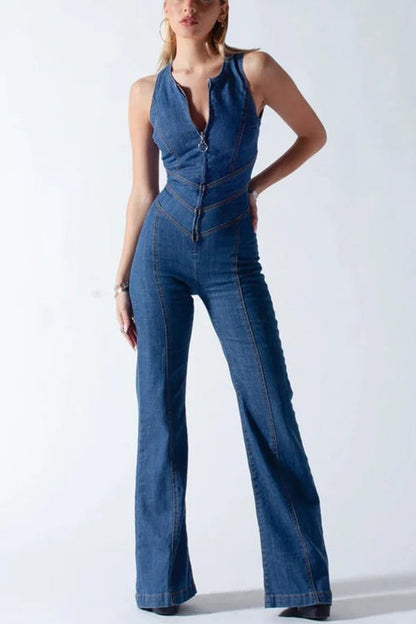 Zip Up Sleeveless Heart Back Bell Bottom Denim Jumpsuit