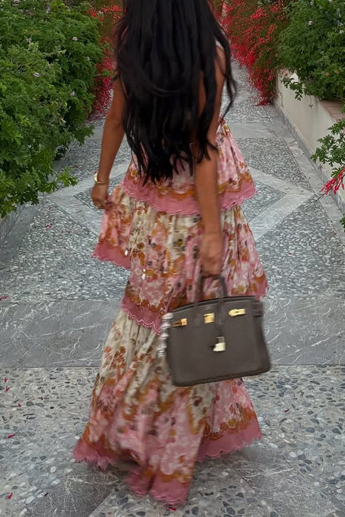 Spaghetti Strap Back Lace-up Ruffle Layered Print Maxi Dress