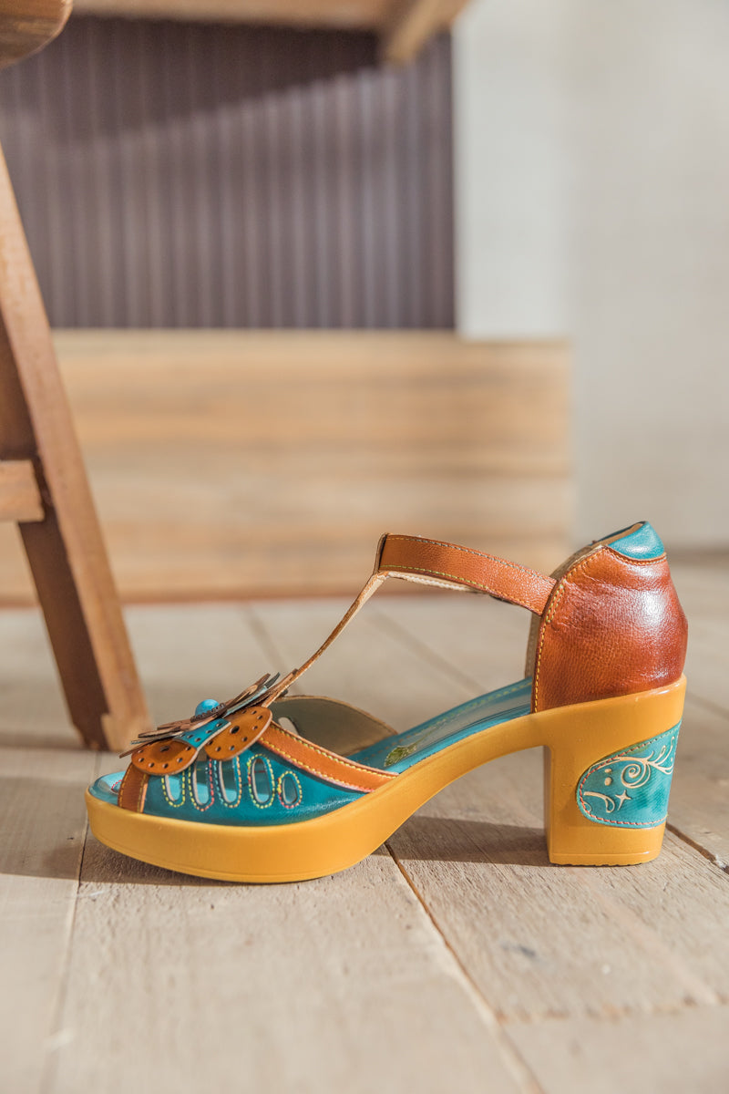 Soffia | Daisy Applique T Strap Leather Sandal