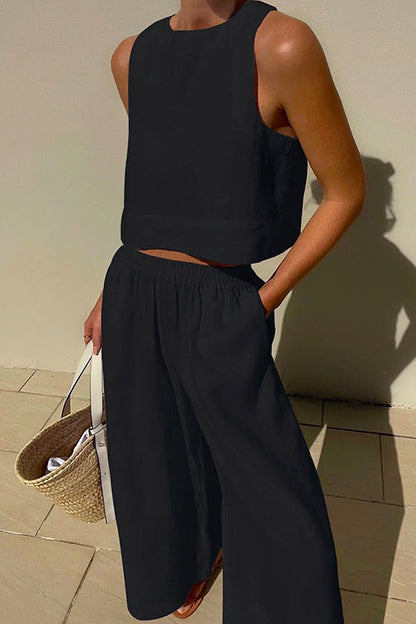 Moxidress Crewneck Crop Tank Top Elastic Waist Wide Leg Pants Set