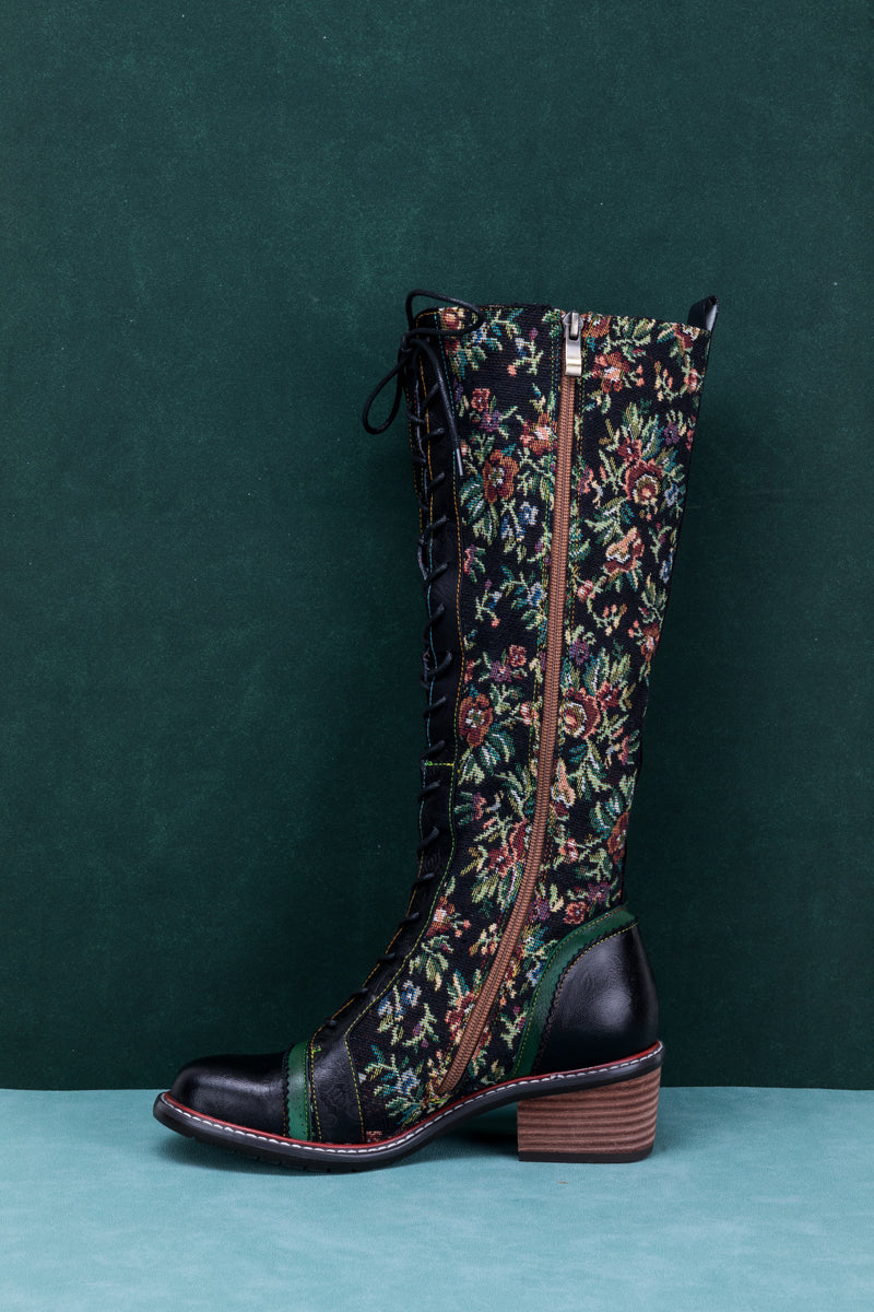 Soffia | Patchwork Applique Leather Canvas Boot