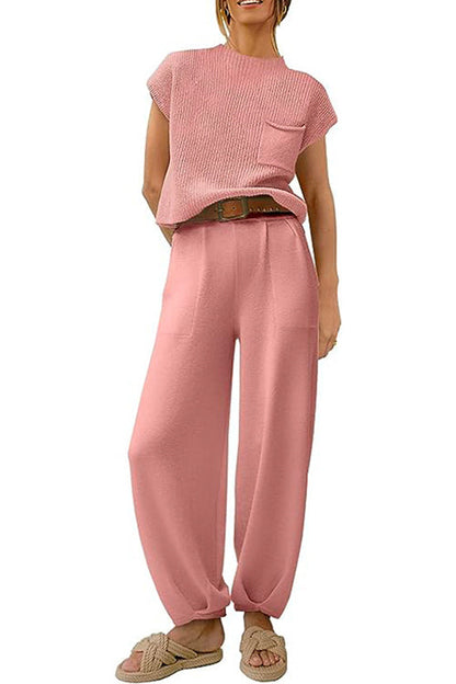 Short Sleeves Ribbed Knit Pullover Ruched Harem Pants Set