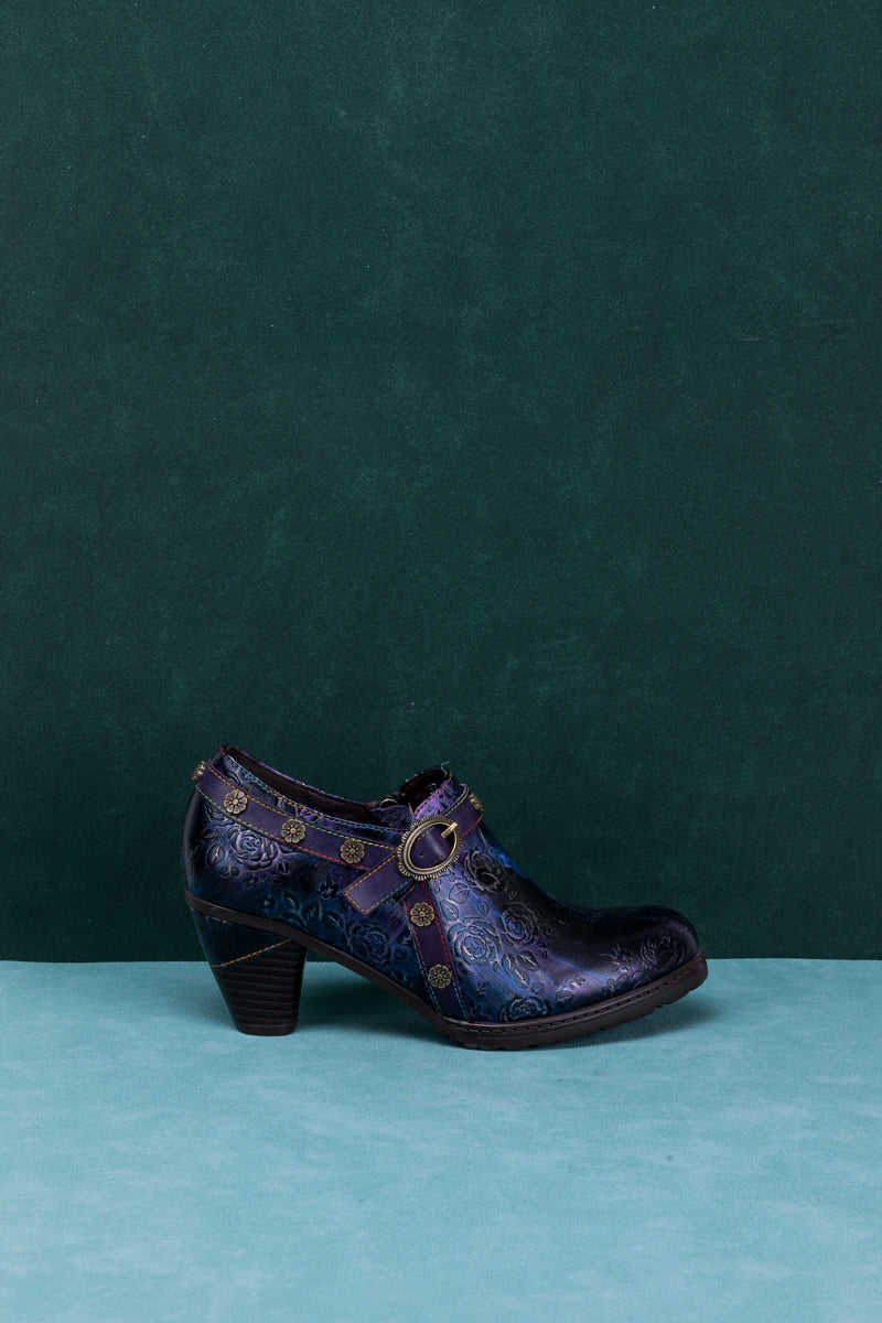 Soffia | Rose Embossed Relief Purple Leather Ankle Boot