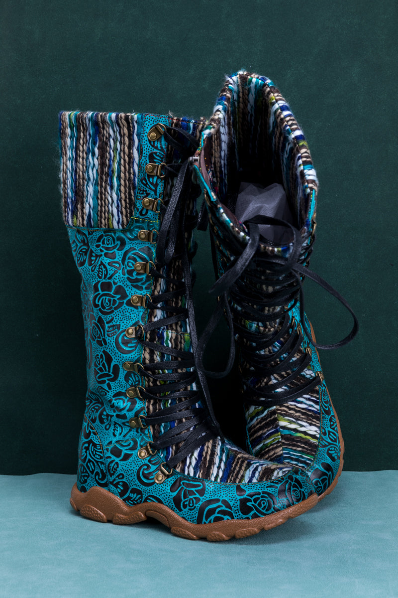 Soffia | Rose Embossed Teal Leather Tie-accent Boot