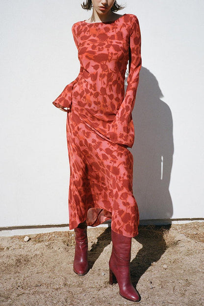 Moxidress Bell Long Sleeves Print Maxi Dress