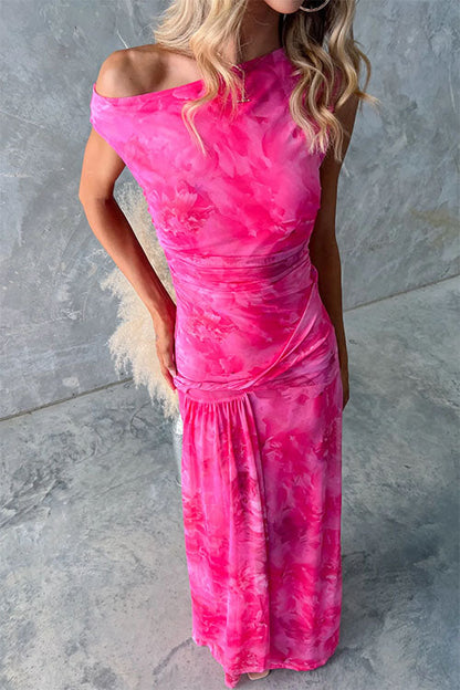 Asymmetric Shoulder Ruched Waist Print Maxi Dress