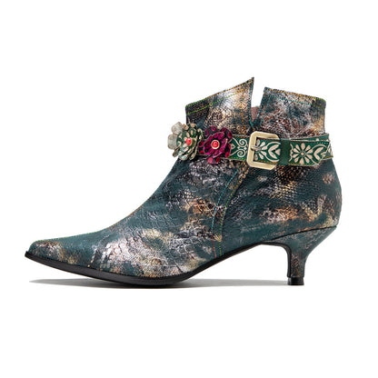 Soffia | Snake Pattern Embossed Green Leather Kitten Heel Ankle Boot