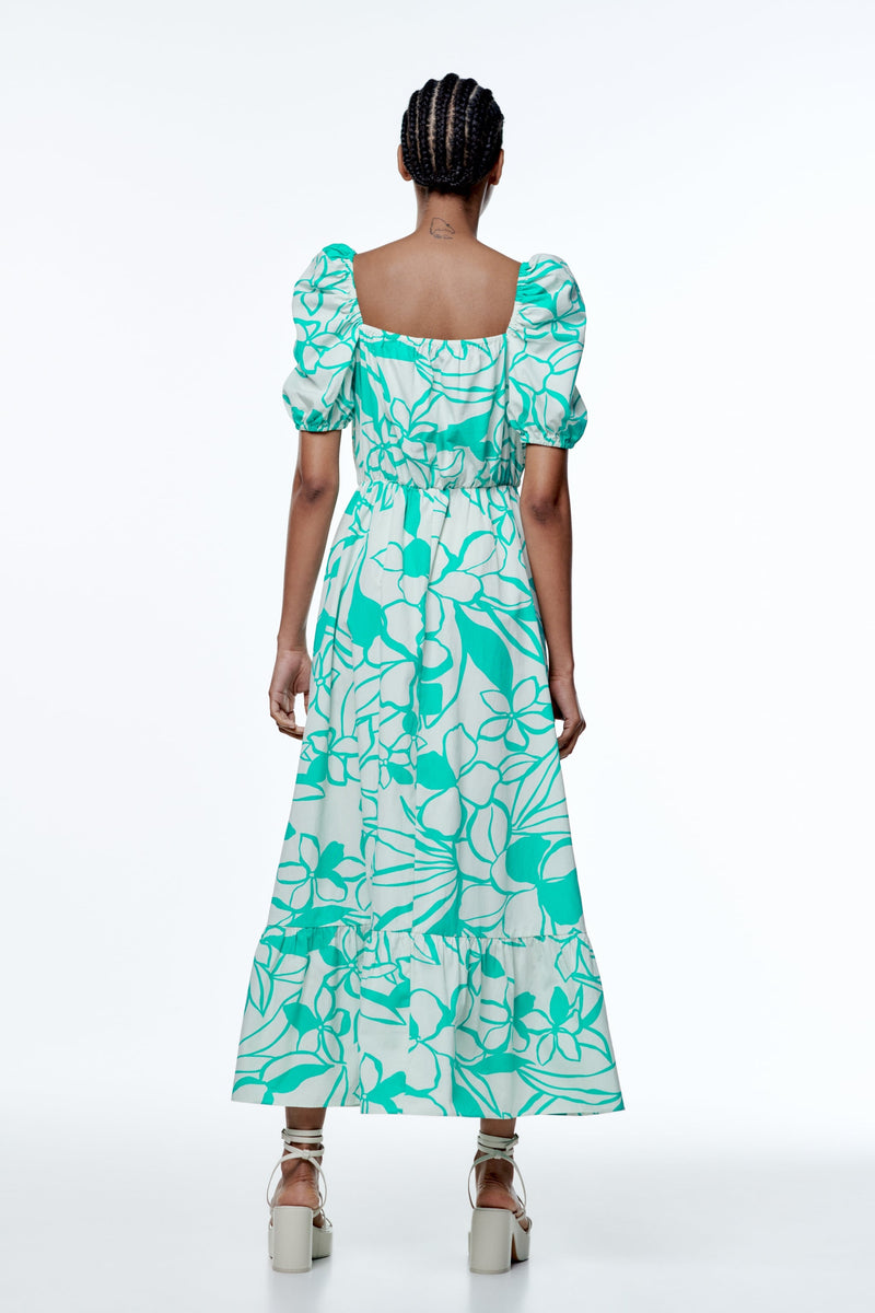 Puff Sleeve V-neck Large Hemline Maxi Dress