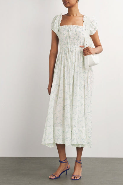 Smocking Puff Sleeve Midi Dress