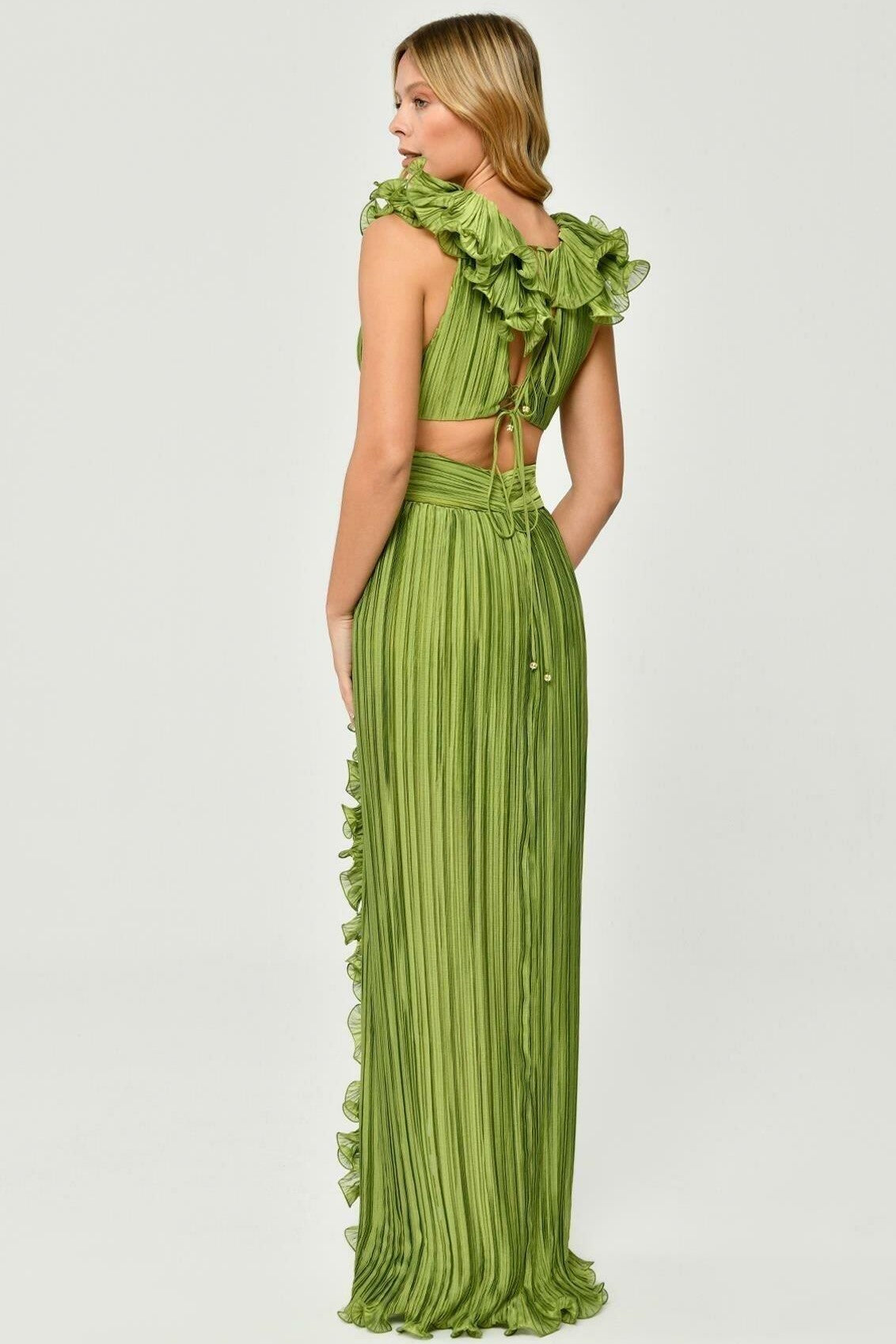 V-neck Cutout Pleated Split Maxi Dress