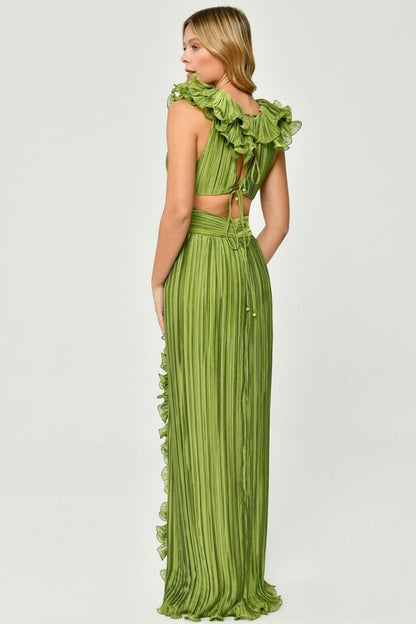V-neck Cutout Pleated Split Maxi Dress