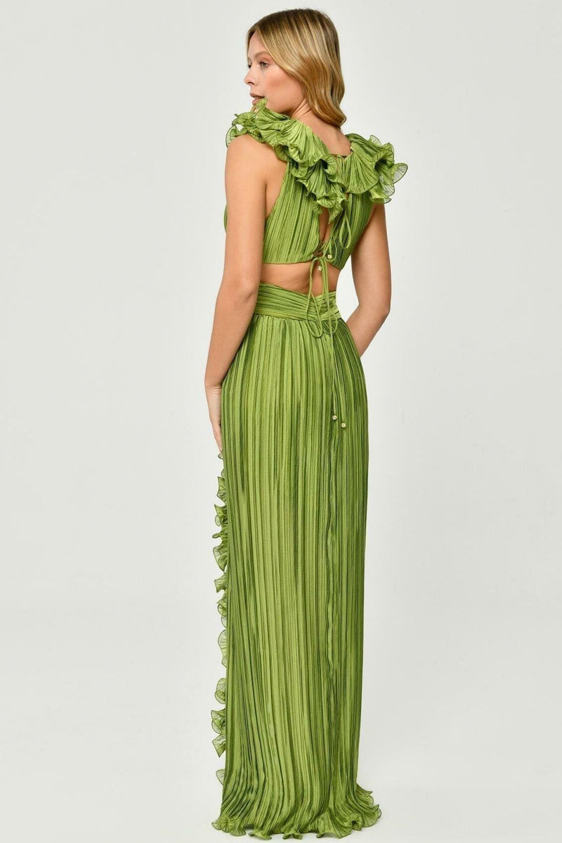 V-neck Cutout Pleated Split Maxi Dress