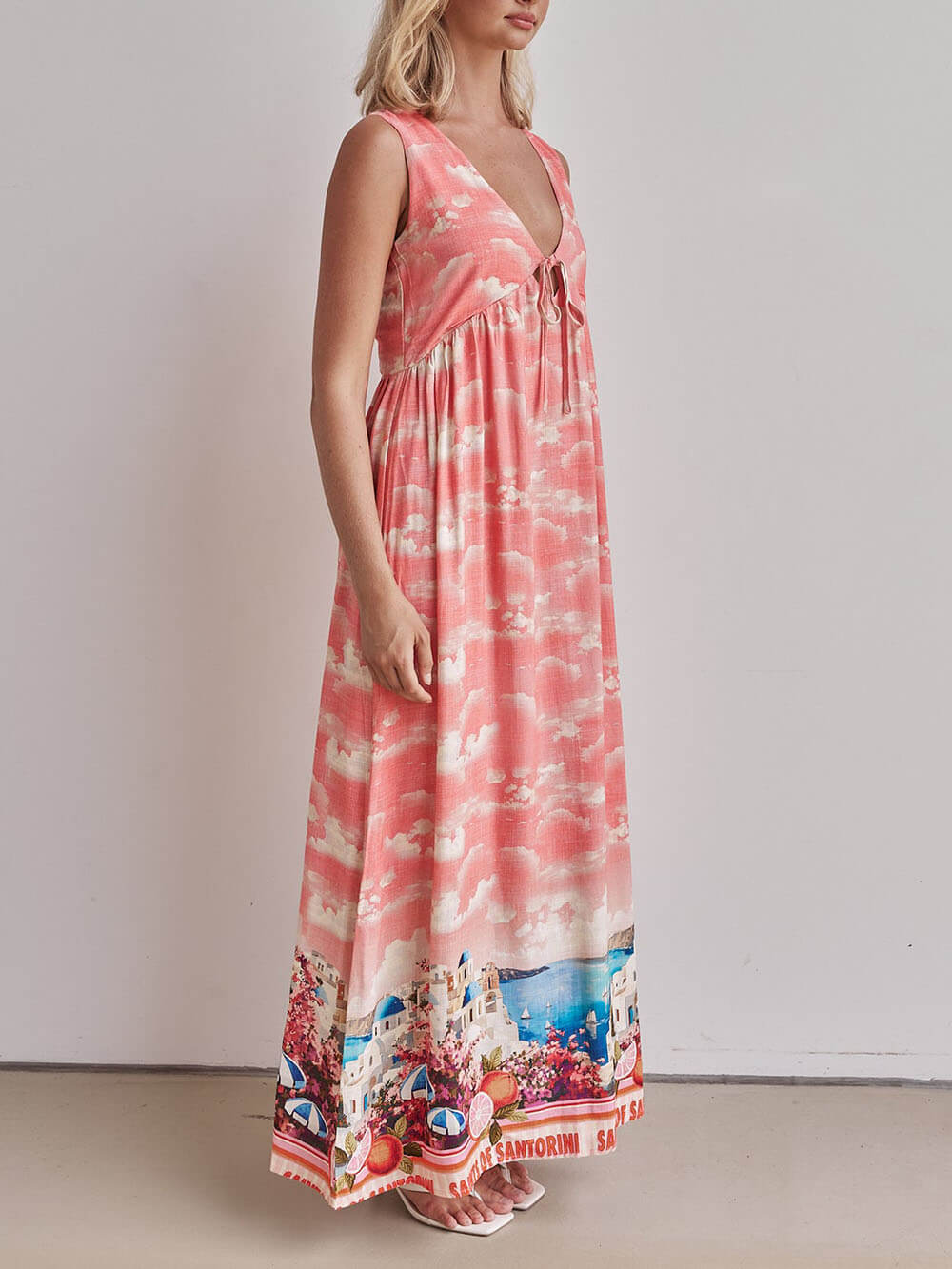 Unique Ink-print V-neck Lace-up Loose-fitting A-line Maxi Dress