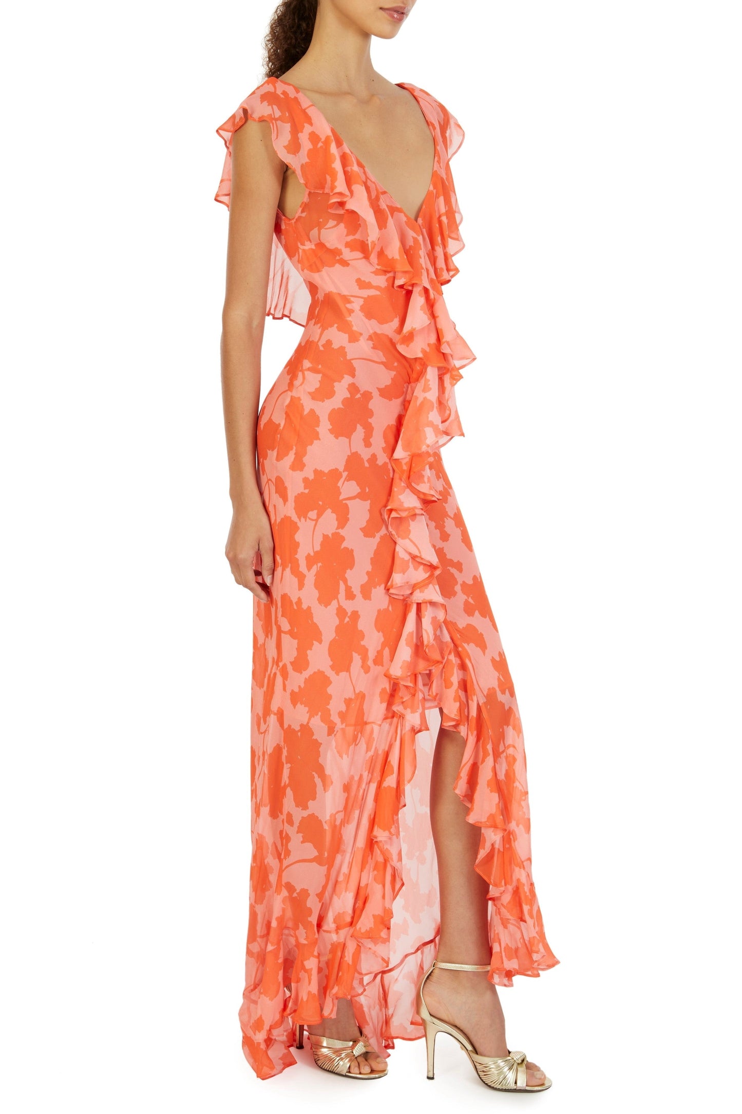 V-neck Chiffon Ruffle Maxi Dress