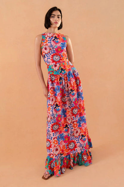 Lace Up Ruffle Hem Maxi Dress