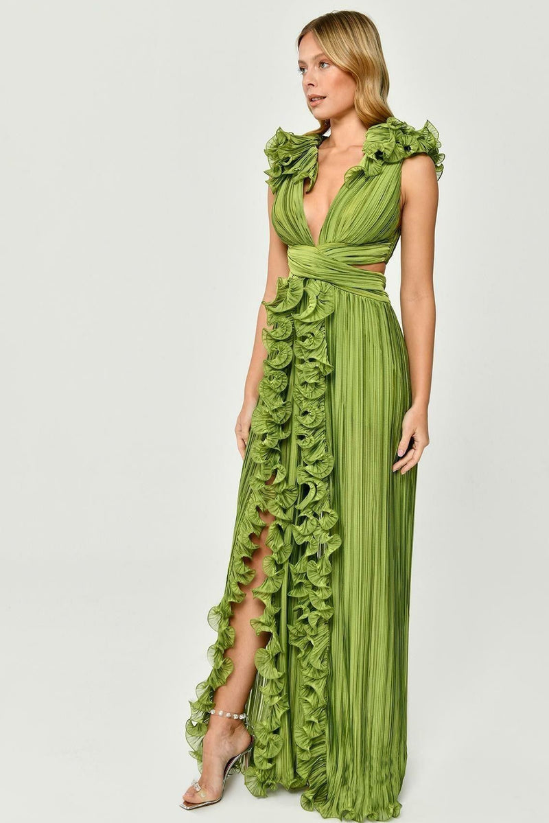 V-neck Cutout Pleated Split Maxi Dress