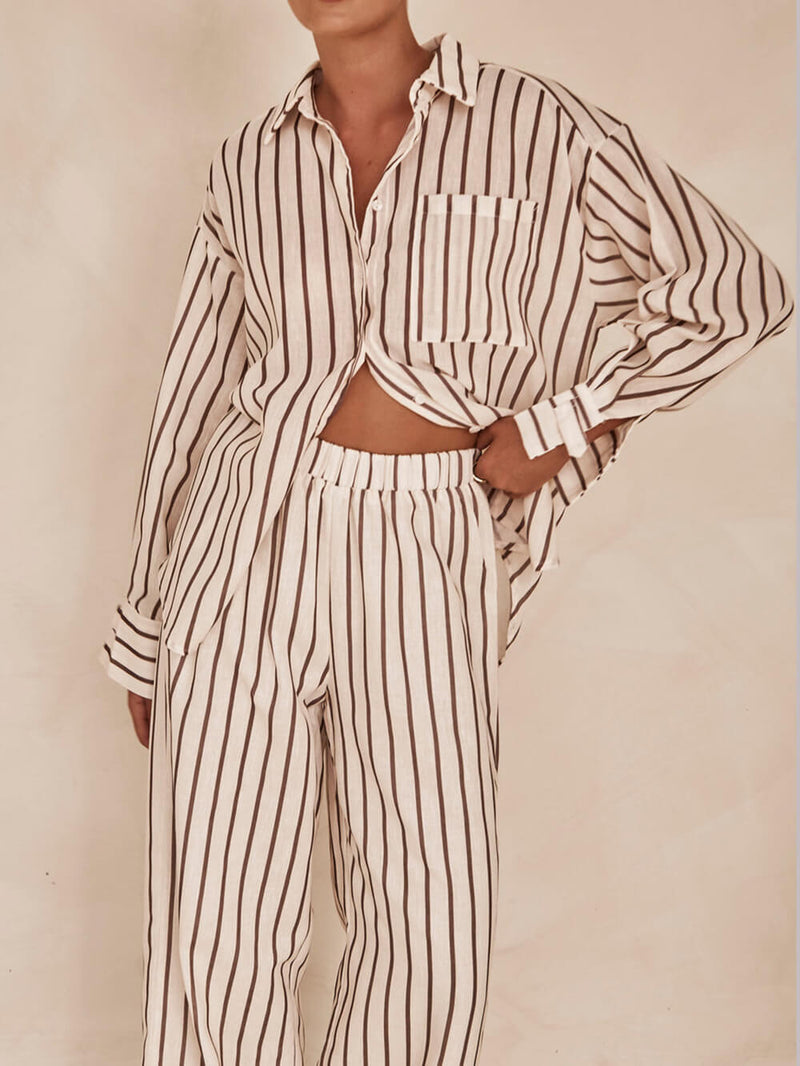 Loose Striped Patchwork Shirt and Wide-leg Pants Suit