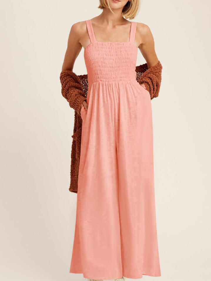 Smocked Pocketed Jumpsuit in Peach