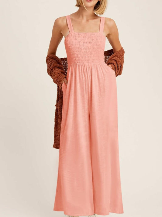 Smocked Pocketed Jumpsuit in Peach