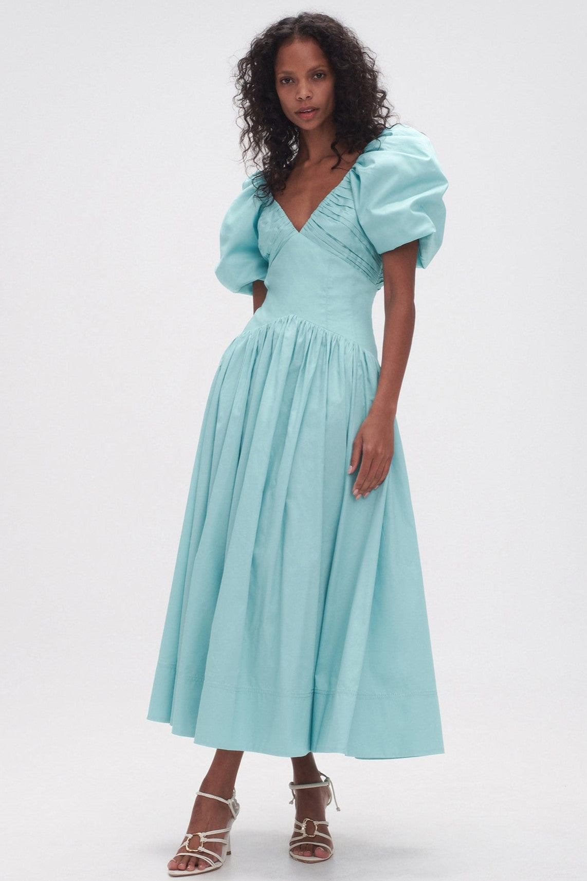 V-neck Pleat Puff-sleeve Midi Dress