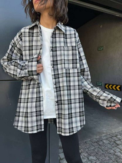 Plaid Blouses Polyester Pocket Blouse Tops