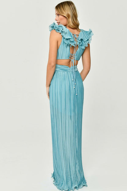 V-neck Cutout Pleated Split Maxi Dress