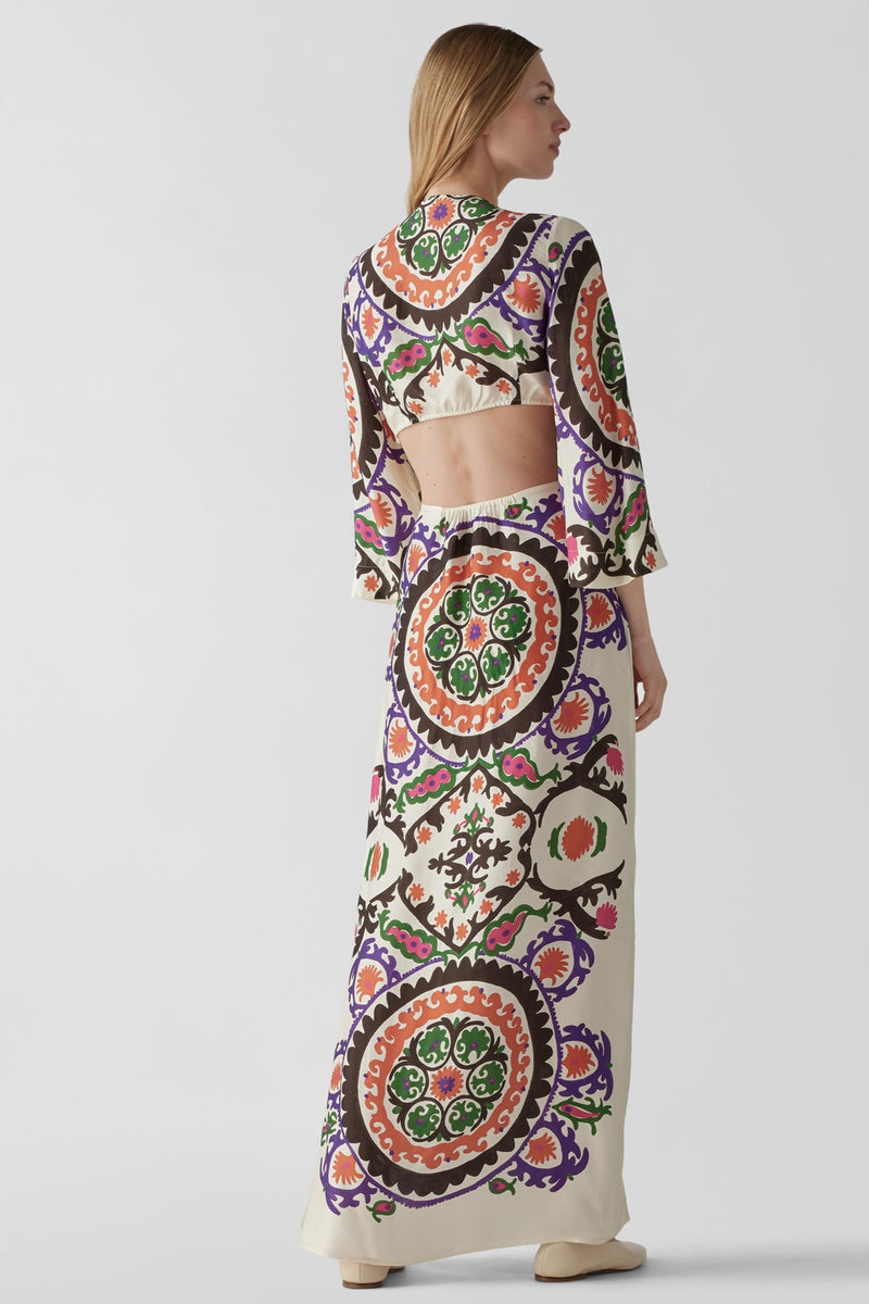Paisley Print Long Sleeve Cut-out Midi Dress