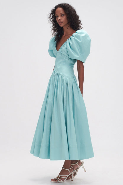 V-neck Pleat Puff-sleeve Midi Dress