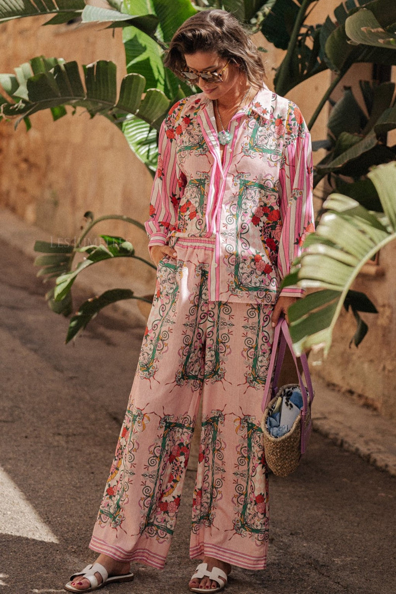 Bottom Long Sleeve Top ＆ Mid Waist Wide Leg Pants Set