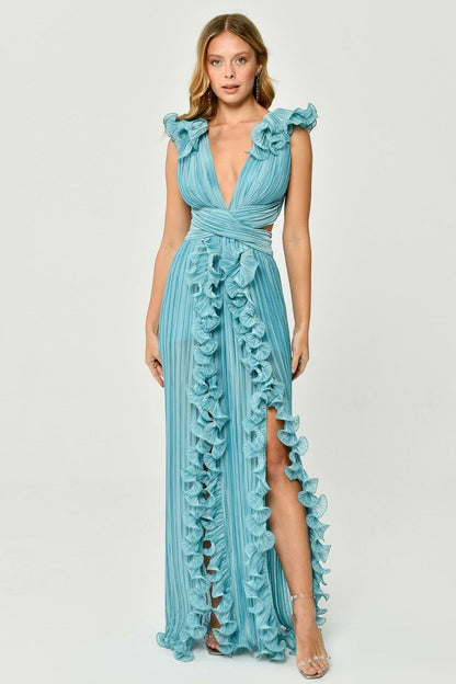 V-neck Cutout Pleated Split Maxi Dress