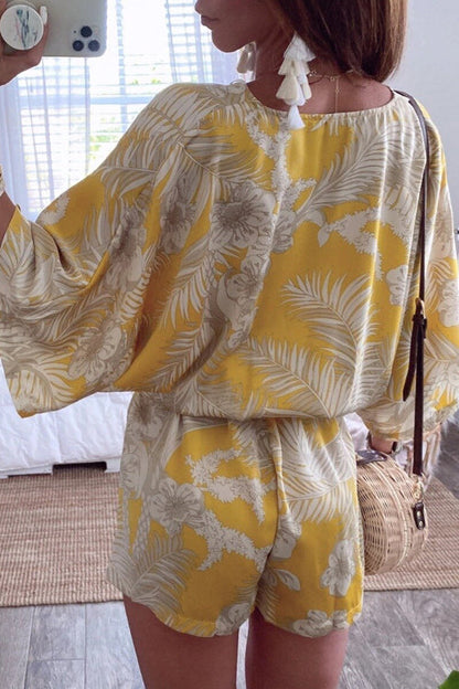 Kimono V Neck Leaf Print Wrapped Batwing Romper in Yellow