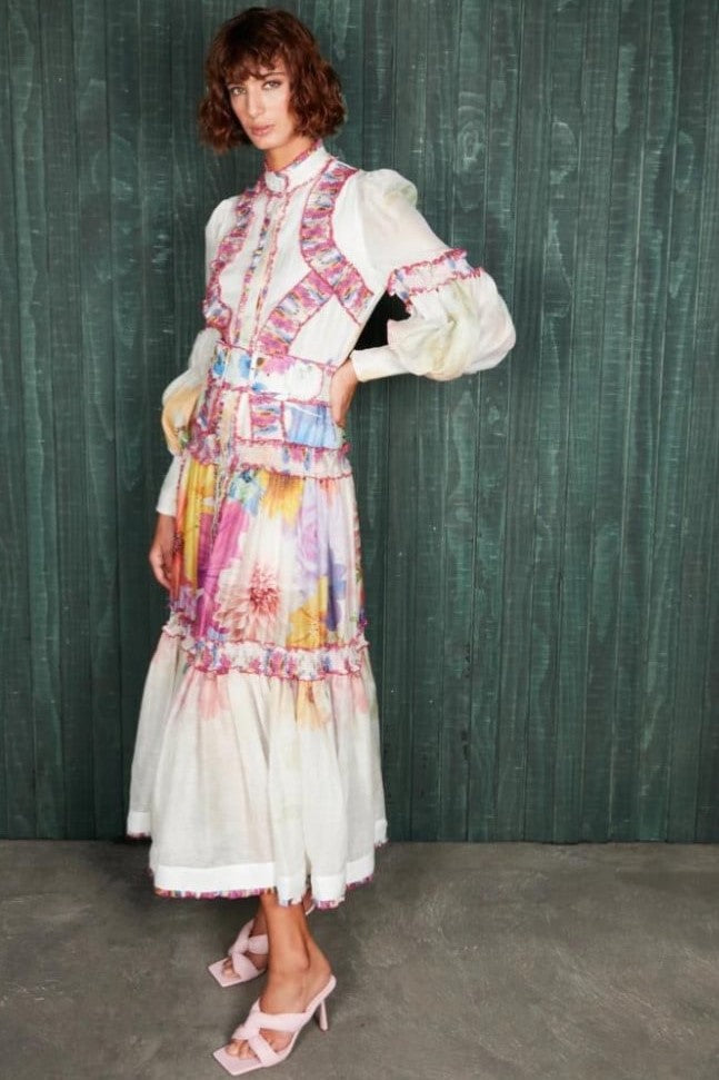 Lantern Sleeve Stand Collar Frill Midi Dress With Belt