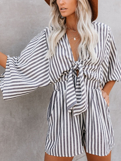V-neck Cotton Pocketed Tie Romper