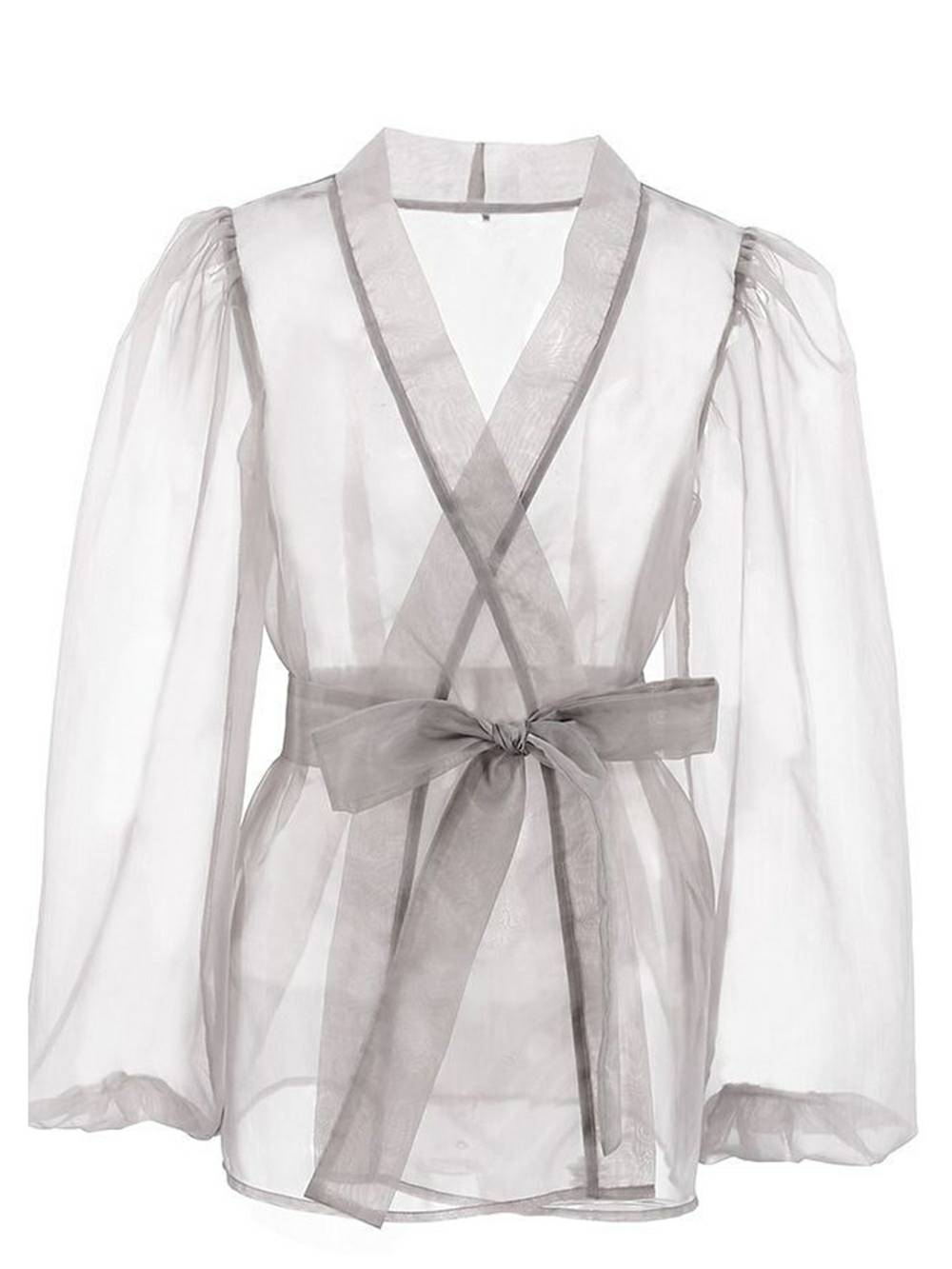 Sheer Top V Neck Long Puff Sleeves Bow Tie Blouse