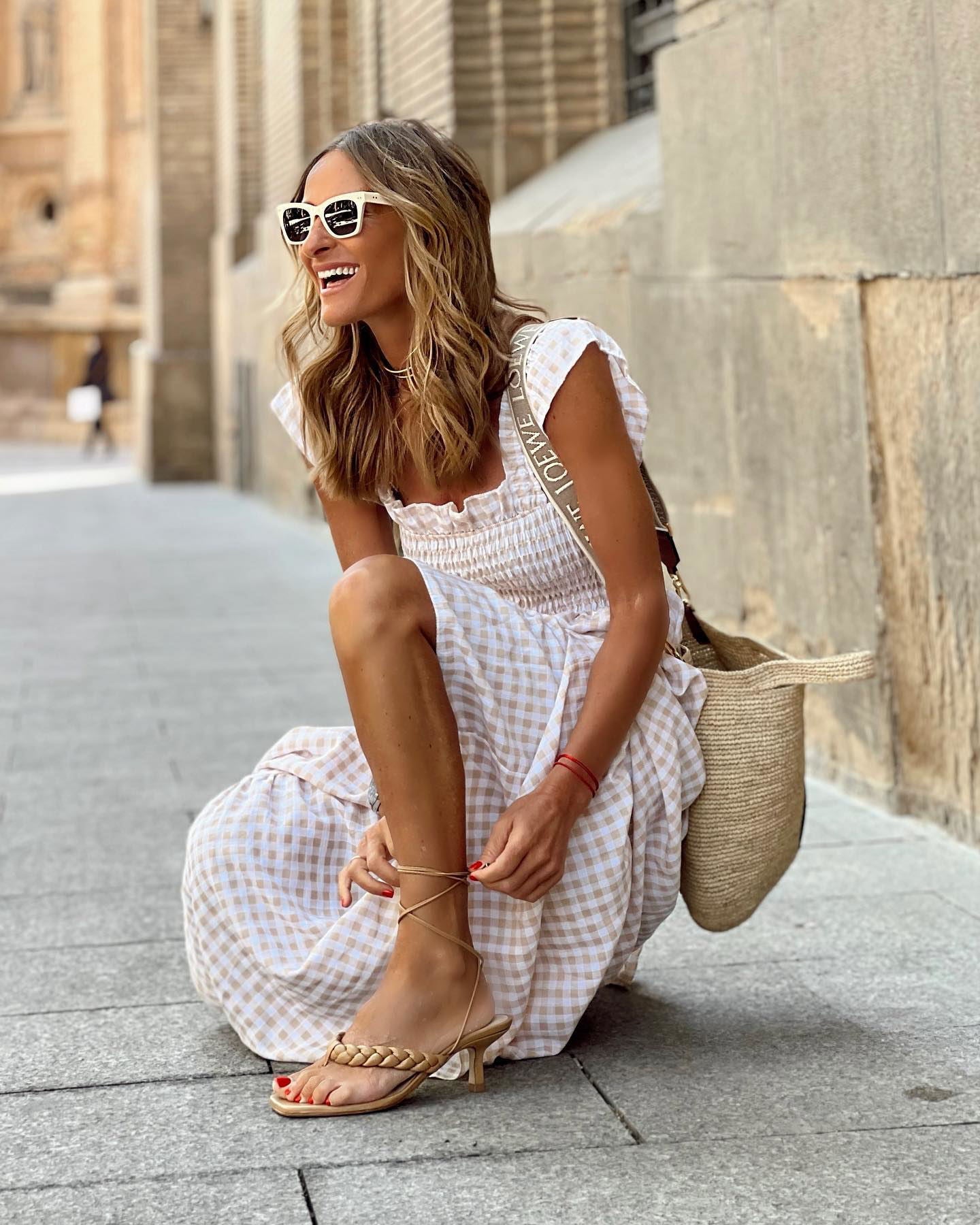 Plaid Ruffled-sleeve Smocked Maxi Dress