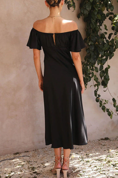 Side Split Midi Dress: Off the Shoulder Flutter Sleeve