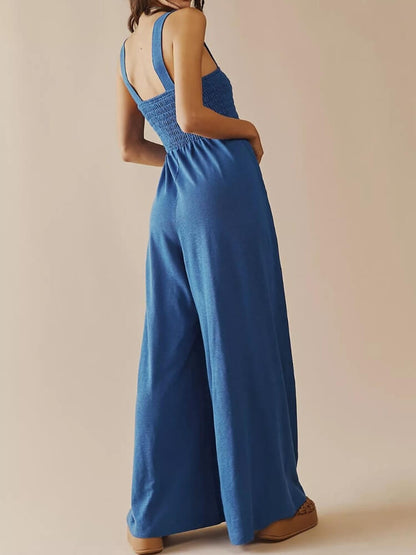 Smocked Pocketed Jumpsuit in Dusty Blue