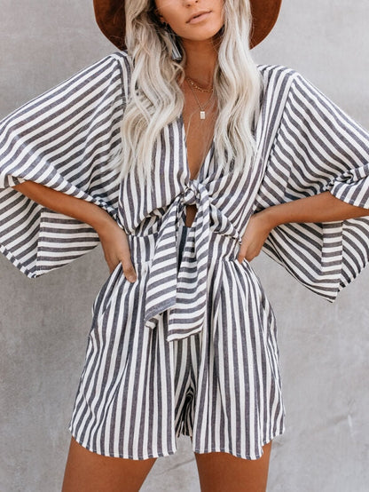 V-neck Cotton Pocketed Tie Romper