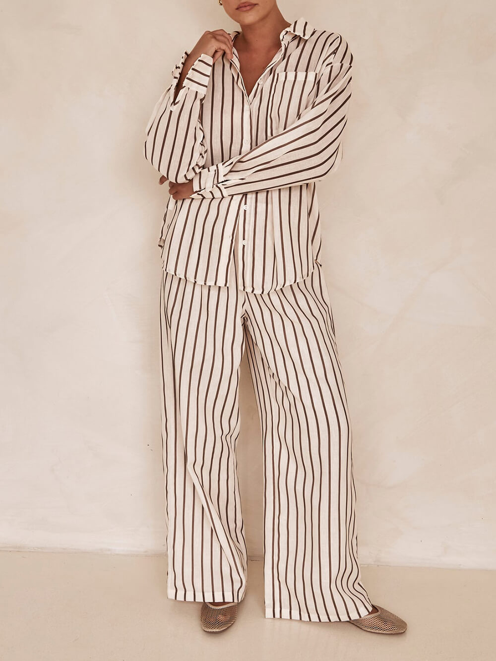 Loose Striped Patchwork Shirt and Wide-leg Pants Suit