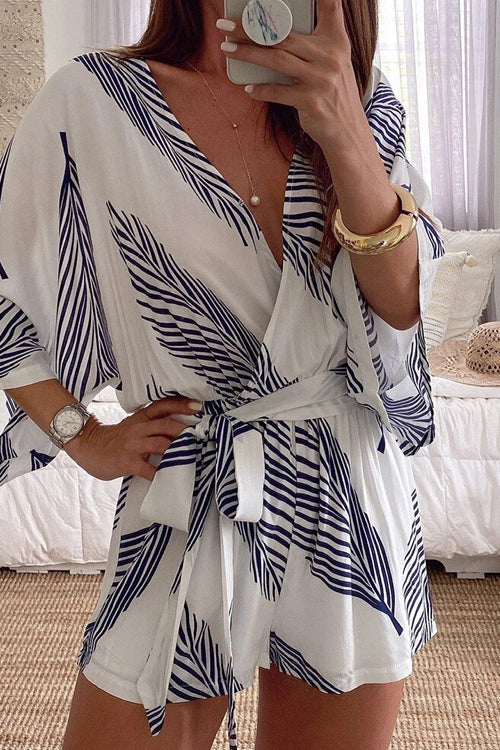 Kimono V Neck Leaf Print Wrapped Batwing Romper in White