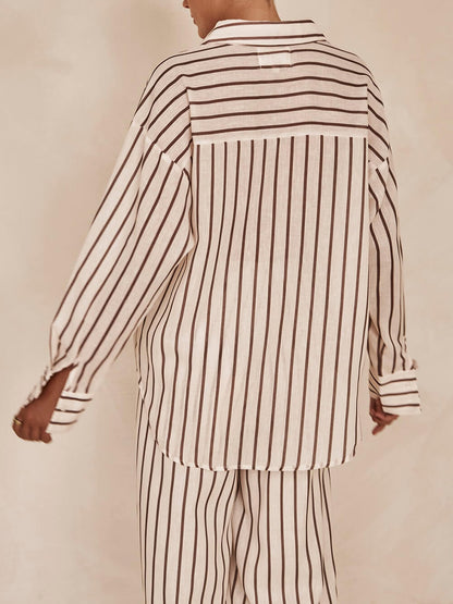 Loose Striped Patchwork Shirt and Wide-leg Pants Suit