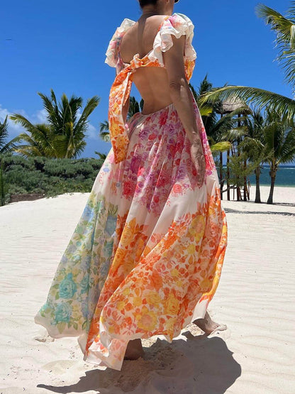 Frill Cutout Back Tie-up Maxi Dress