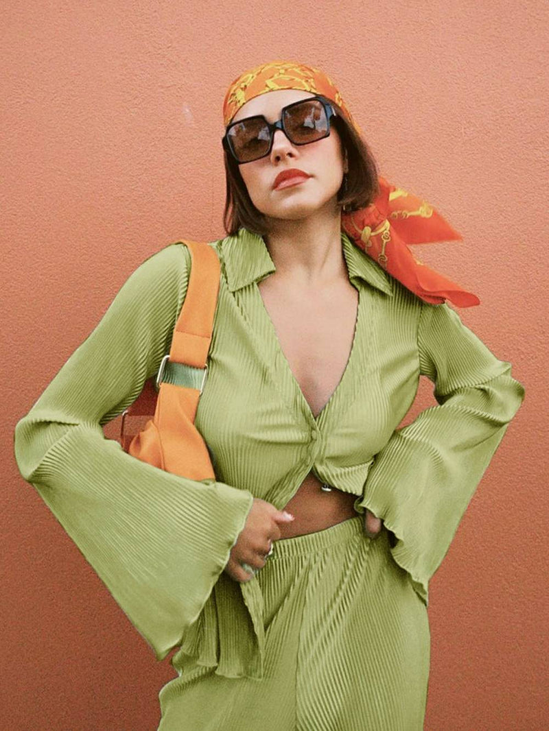 Loose Flared V-neck Pants Set